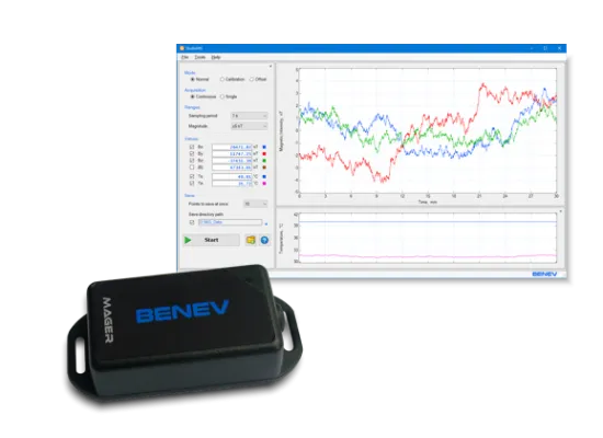 Geomagnetic recording magnetometer with internal temperature stabilization control.