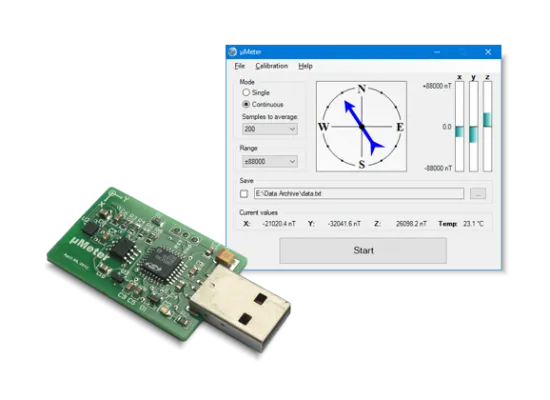 Anisotropic magnetoresistive (AMR) USB vector magnetometer based on HMC5883L.