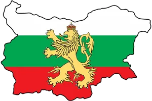 Map of Bulgaria with heraldic lion.