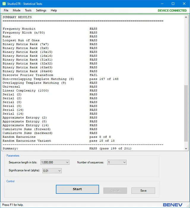 Screen showing the results of NIST STS.